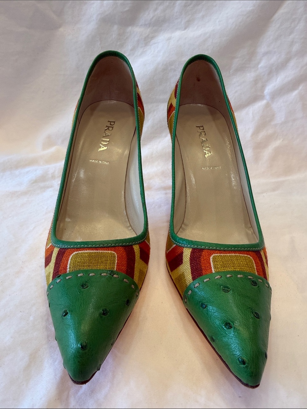 Prada Ostrich Skin and Linen Green Multicolor Geometric Pointed-Toe Pumps